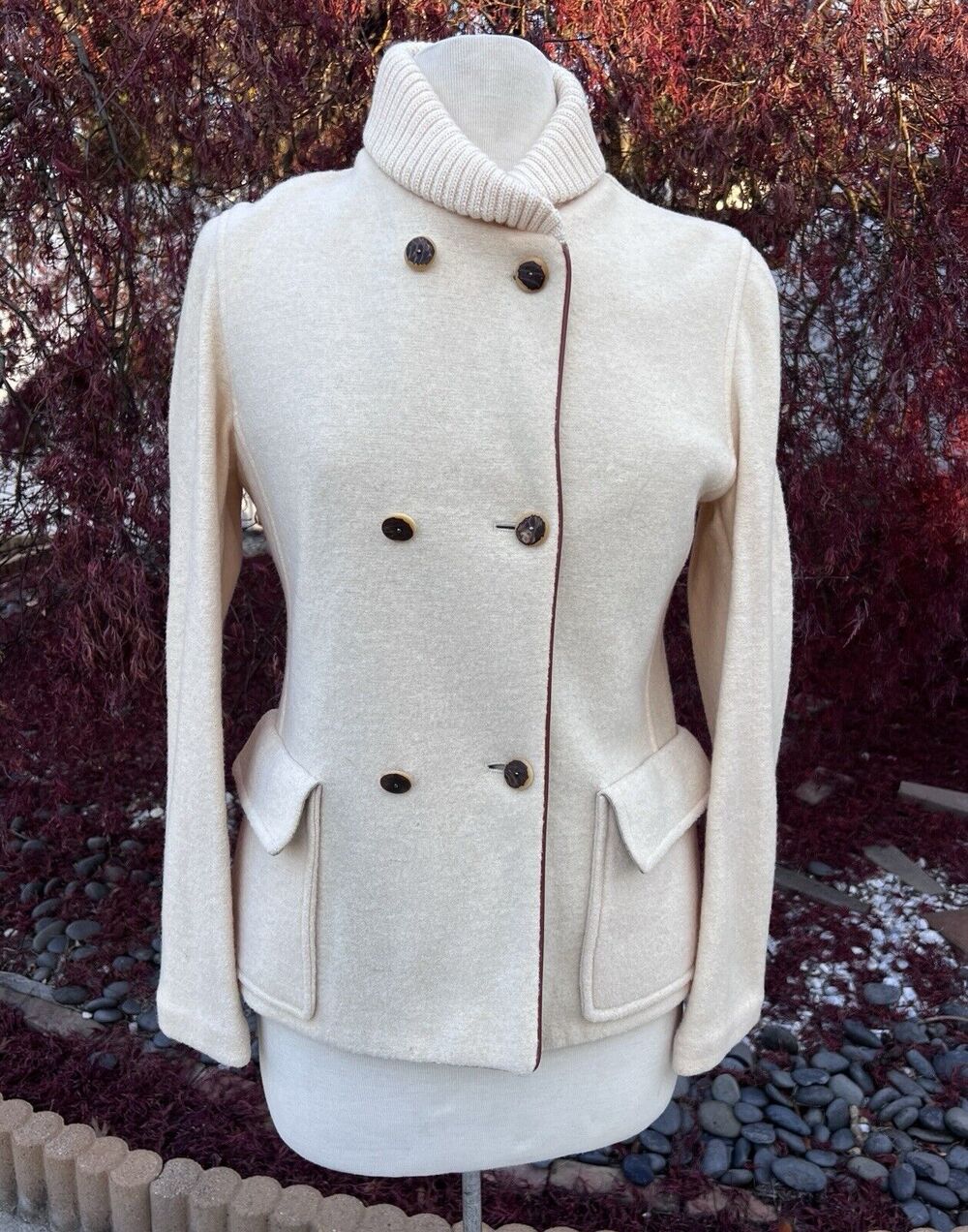 Vtg Henry Cottons Women Cream Jacket Wool Double Breast Plaid Lining Horn Button